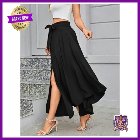 High Waisted Maxi Skirt with Slit, Formal Business Casual Flowy - Picture 4 of 8